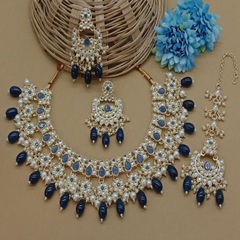 Gold Rodium Polish Blue color Necklace in Metal Alloy studded with Kundan, Pearl