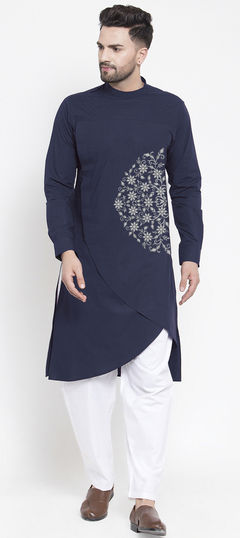 Blue color Kurta Pyjamas in Blended Cotton fabric with Embroidered, Thread work