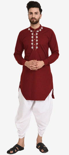 Red and Maroon color Dhoti Kurta in Blended Cotton fabric with Embroidered, Thread work