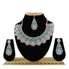 Gold Rodium Polish Blue color Necklace in Metal Alloy studded with Austrian diamond, CZ Diamond