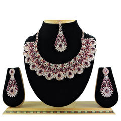 Gold Rodium Polish Red and Maroon color Necklace in Metal Alloy studded with Austrian diamond, CZ Diamond