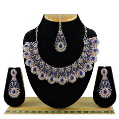 Gold Rodium Polish Blue color Necklace in Metal Alloy studded with Austrian diamond, CZ Diamond