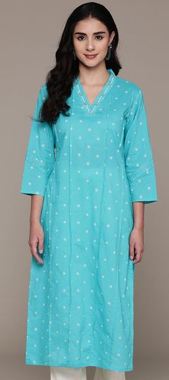 Blue color Kurti in Cotton fabric with Bugle Beads, Printed work