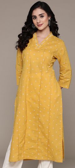 Yellow color Kurti in Cotton fabric with Bugle Beads, Printed work