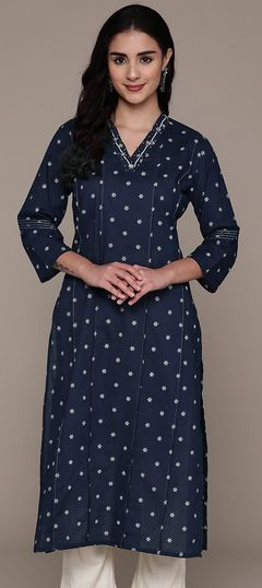 Blue color Kurti in Cotton fabric with Bugle Beads, Printed work