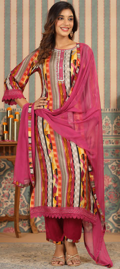 Festive, Party Wear, Reception Red and Maroon color Salwar Kameez in Muslin fabric with Pakistani, Straight Embroidered, Gota Patti, Lace, Printed work : 1932643