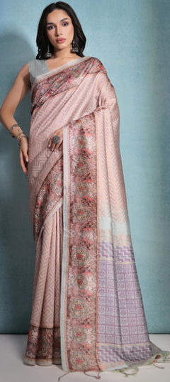 Beige and Brown color Saree in Art Silk, Silk fabric with Printed work