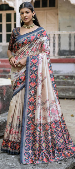 Black and Grey color Saree in Tussar Silk fabric with Printed, Weaving work