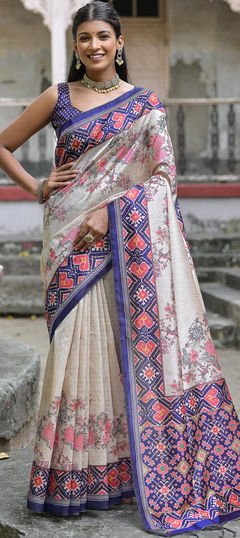 Blue color Saree in Tussar Silk fabric with Printed, Weaving work