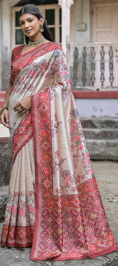 Beige and Brown color Saree in Tussar Silk fabric with Printed, Weaving work