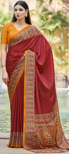 Red and Maroon color Saree in Crepe Silk, Silk fabric with Printed work