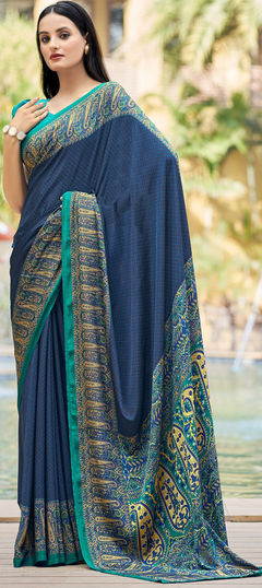 Blue color Saree in Crepe Silk, Silk fabric with Printed work