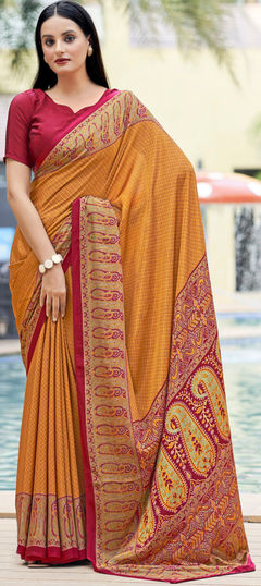 Orange color Saree in Crepe Silk, Silk fabric with Printed work