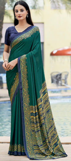 Green color Saree in Crepe Silk, Silk fabric with Printed work