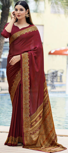 Red and Maroon color Saree in Crepe Silk, Silk fabric with Printed work