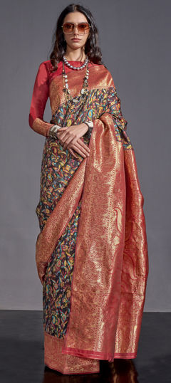 Black and Grey color Saree in Art Silk fabric with Printed, Weaving work