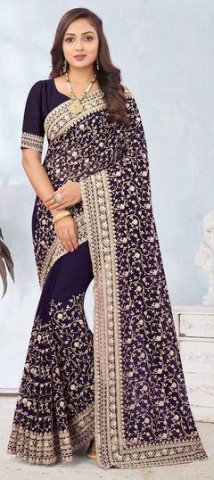 Purple and Violet color Saree in Georgette fabric with Embroidered, Stone, Zircon work