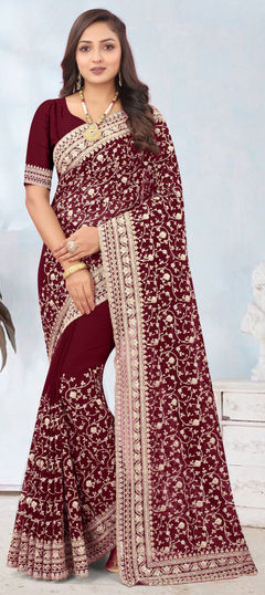 Red and Maroon color Saree in Georgette fabric with Embroidered, Stone, Zircon work