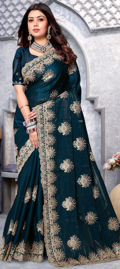 Blue color Saree in Crepe Silk fabric with Embroidered, Thread, Zari work