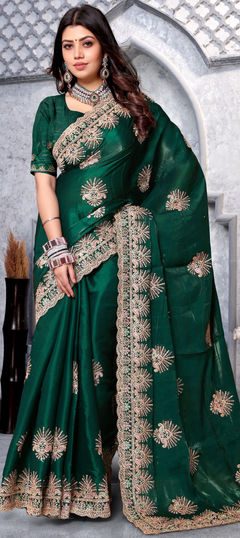 Green color Saree in Crepe Silk fabric with Embroidered, Thread, Zari work