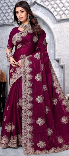 Purple and Violet color Saree in Crepe Silk fabric with Embroidered, Thread, Zari work