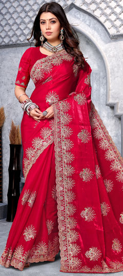 Red and Maroon color Saree in Crepe Silk fabric with Embroidered, Thread, Zari work