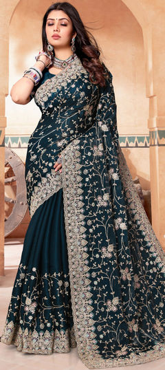 Bridal, Wedding Blue color Saree in Crepe Silk fabric with South Embroidered, Thread, Zari work : 1932867