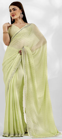 Festive, Reception Green color Saree in Chiffon fabric with Classic Swarovski work : 1932888