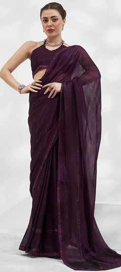 Festive, Reception Red and Maroon color Saree in Chiffon fabric with Classic Swarovski work : 1932890