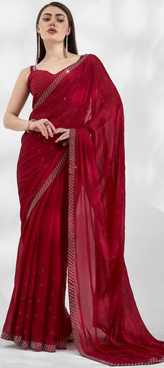 Festive, Reception Red and Maroon color Saree in Chiffon fabric with Classic Swarovski work : 1932897