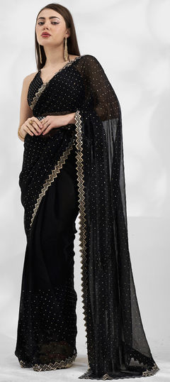 Black and Grey color Saree in Chiffon fabric with Stone, Swarovski work