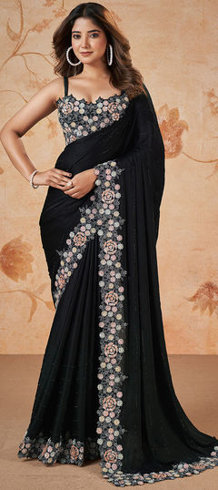 Black and Grey color Saree in Satin Silk fabric with Embroidered, Sequence, Thread work