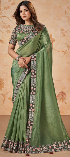 Green color Saree in Crushed Silk fabric with Embroidered, Sequence, Thread work