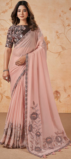 Pink and Majenta color Saree in Satin Silk fabric with Embroidered, Sequence, Thread work