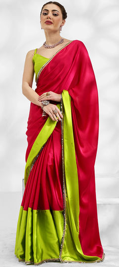 Green, Red and Maroon color Saree in Art Silk fabric with Lace work