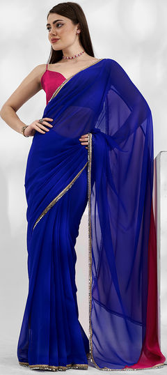 Festive, Party Wear Blue color Saree in Georgette fabric with Classic Lace work : 1932950