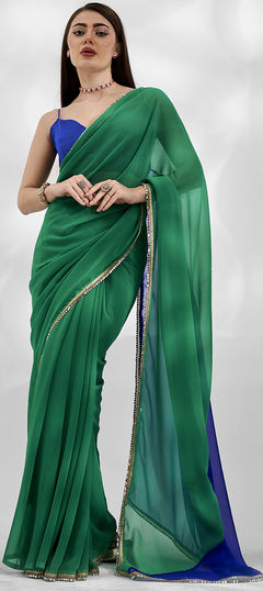 Blue, Green color Saree in Georgette fabric with Lace work