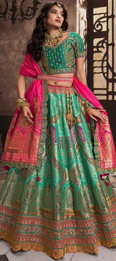 Bridal, Wedding Green color Lehenga in Silk fabric with Flared Embroidered, Resham, Sequence, Thread, Zari work : 1932962