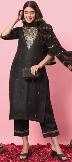 Black and Grey color Salwar Kameez in Blended Cotton fabric with Embroidered, Sequence, Thread work