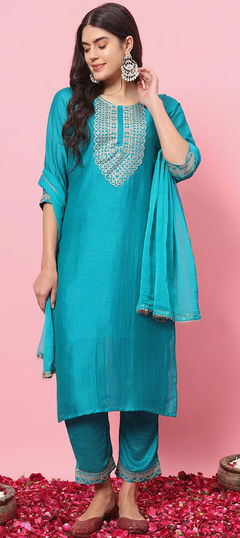 Blue color Salwar Kameez in Blended Cotton, Silk fabric with Embroidered, Sequence, Thread work