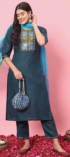 Blue color Salwar Kameez in Blended Cotton fabric with Embroidered, Sequence, Thread work