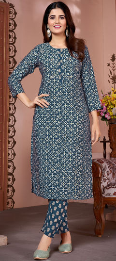 Festive, Party Wear Blue color Salwar Kameez in Art Silk fabric with Embroidered, Printed, Resham, Thread work : 1933008