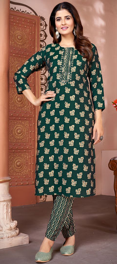 Festive, Party Wear Green color Salwar Kameez in Art Silk fabric with Embroidered, Printed, Resham, Thread work : 1933009