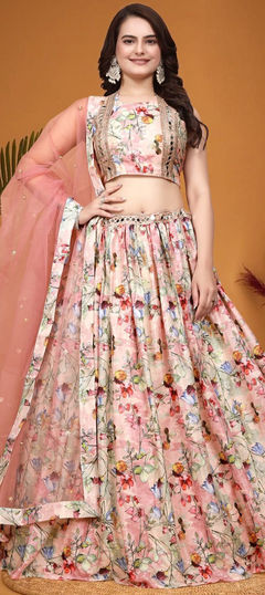 Pink and Majenta color Lehenga in Crepe Silk, Silk fabric with Floral, Resham work