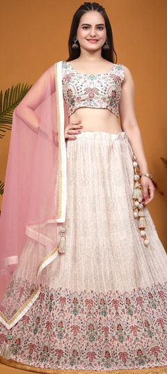 Pink and Majenta, White and Off White color Lehenga in Art Silk fabric with Printed work