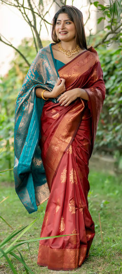 Orange color Saree in Banarasi Silk fabric with Weaving, Zari work