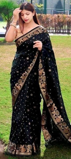 Black and Grey color Saree in Art Silk fabric with Weaving, Zari work