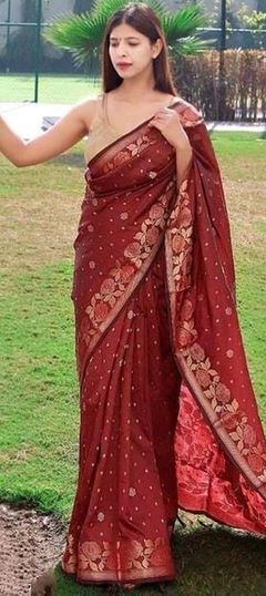 Red and Maroon color Saree in Art Silk fabric with Weaving, Zari work