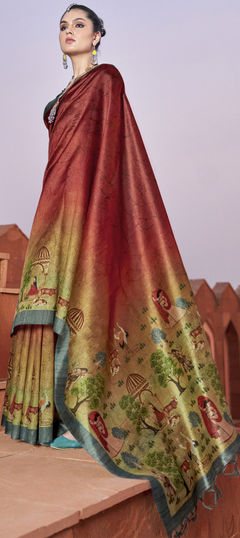 Festive, Traditional Beige and Brown, Gold color Saree in Tussar Silk fabric with South Printed work : 1933102