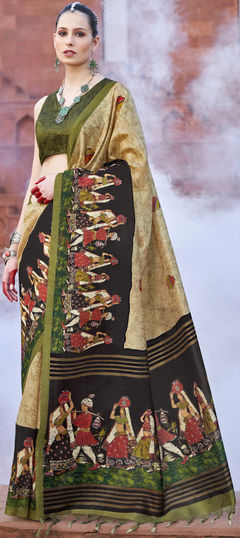 Festive, Traditional Beige and Brown color Saree in Tussar Silk fabric with South Printed work : 1933103